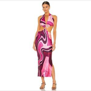 Farai London Gaia maxi jersey halter dress pink purple cut-out marble Small